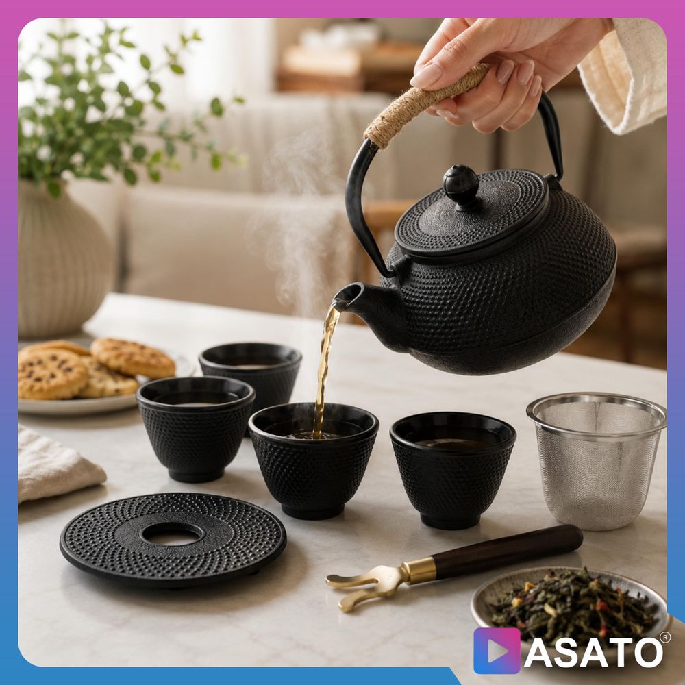 ASATO Gusseisen-Teekanne 0,9 l Set mit 4 Teeschalen und Edelstahlfilter