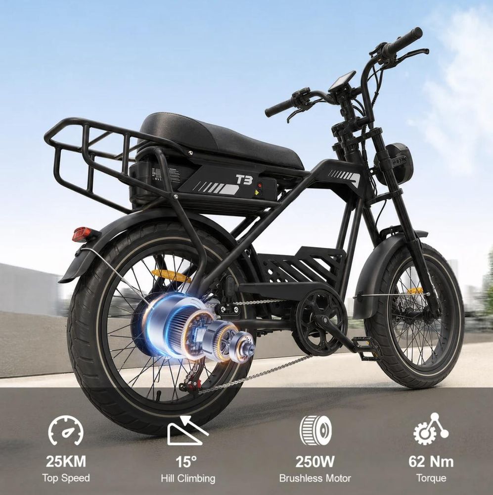 T3 E-Bike Fatbike Cityrad 20×4,0" 62 Nm Elektrofahrrad, 873 Wh, 150kg, bis zum 80km, Shimano 7-Gang, Scheibenbremsen, LCD & LED, NFC, Pedelec 25 km/h