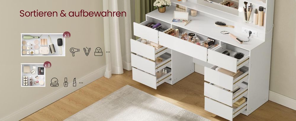 VASAGLE Schminktisch mit Steckdosenleiste, Glühbirnen, 3 Lichtfarben, werkzeuglose Gleitschienen