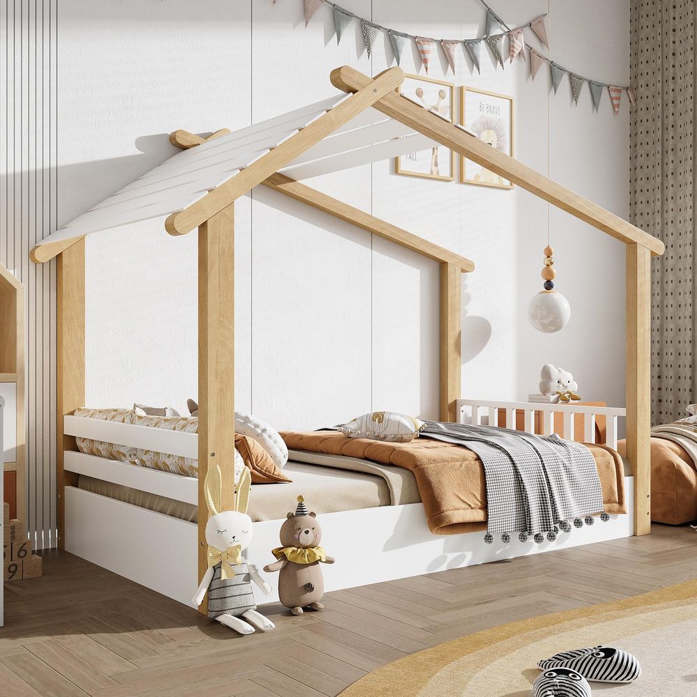 Flieks Kinderbett Hausbett 90x200cm mit Lattenrost, Holzbett Einzelbet für Kinderzimmer, Klassisches Kinderbett, Naturbelassen