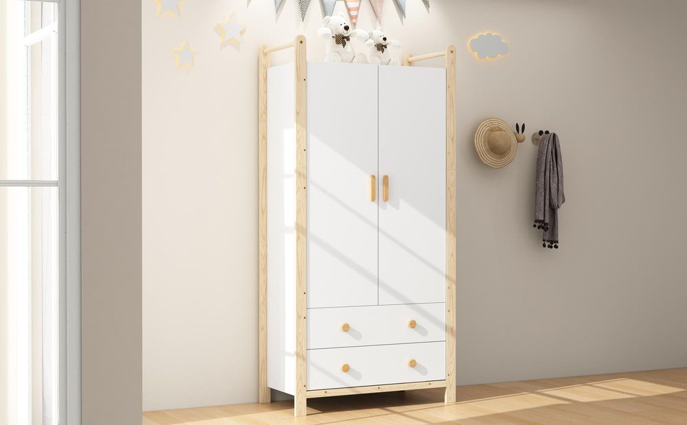 Merax Kinder-Kleiderschrank mit 2 Türen, 2 Schubladen, Kleiderstange, Stauraum für Kinderzimmer, Landhausstil Kleiderschrank, 90×45×180cm, Natur/Weiß
