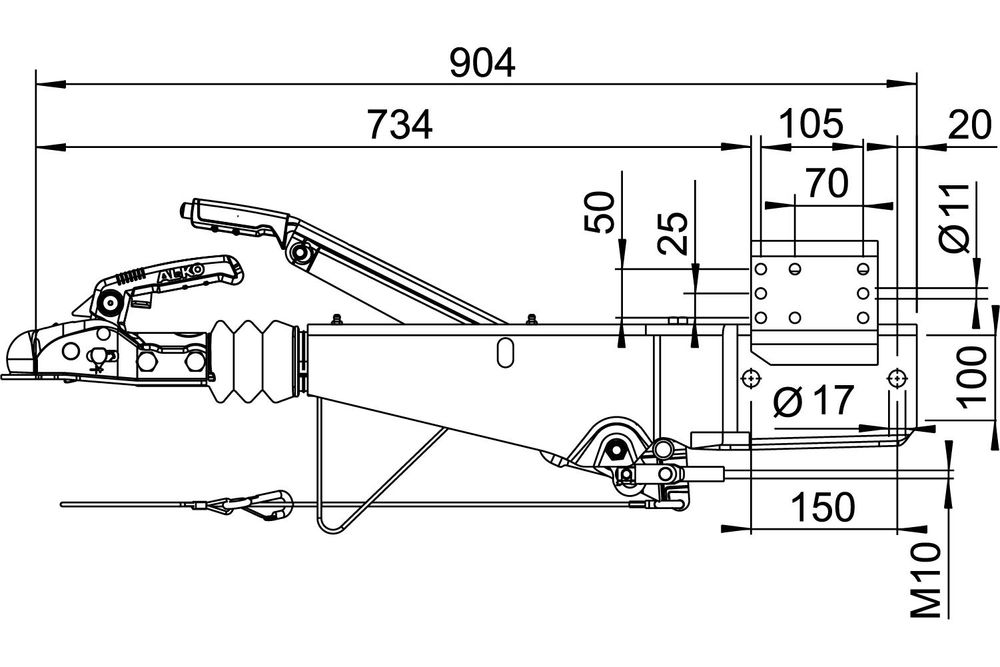 Auflaufvorrichtung AL-KO 251S mit AK270 Kupplung für einen 2600 kg Anhänger mit Vierkantdeichsel