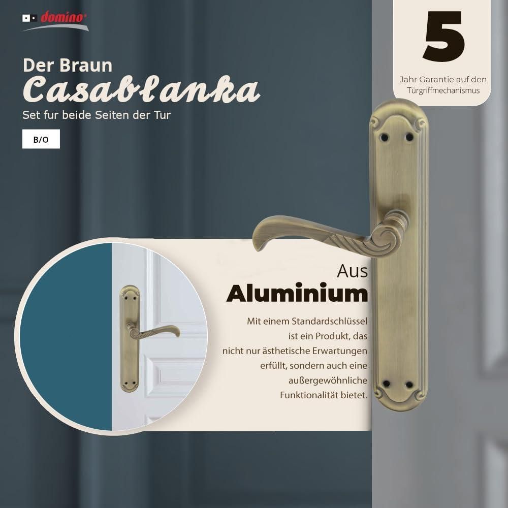 DOMINO Türgriff Blind Drückergarnitur | Langschildgarnitur | Türklinke für Zimmertür, Bürotür, Kellertür & Innentür | L-Form | Türbeschläge aus Aluminium | Bronze Türdrückergarnitur | CASABLANKA M3