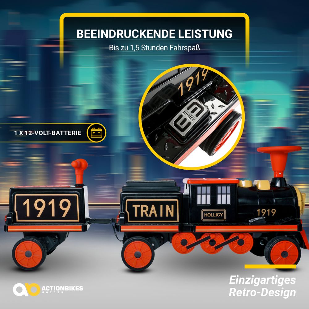 Actionbikes Motors Kinder Elektrozug mit Anhänger | Elektrischer Zug - Eisenbahn - 3-6 Jahre - 3 Sitze - bis 5 km/h - Scheinwerfer - Hupe & Musik(2.0)