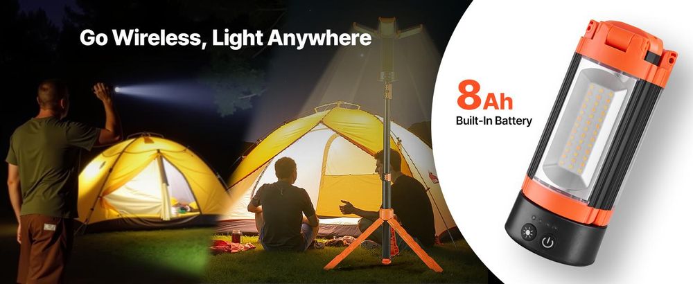 VEVOR LED-Arbeitslicht mit Stativ, 21000 Lumen, tragbares Campinglicht mit drei Köpfen und individuellem Schalter, Stativ, 3,3 m Stromkabel, für Innen- und Außeneinsatz auf Baustellen, IP65 wasserdicht, 2200 lm, 8Ah
