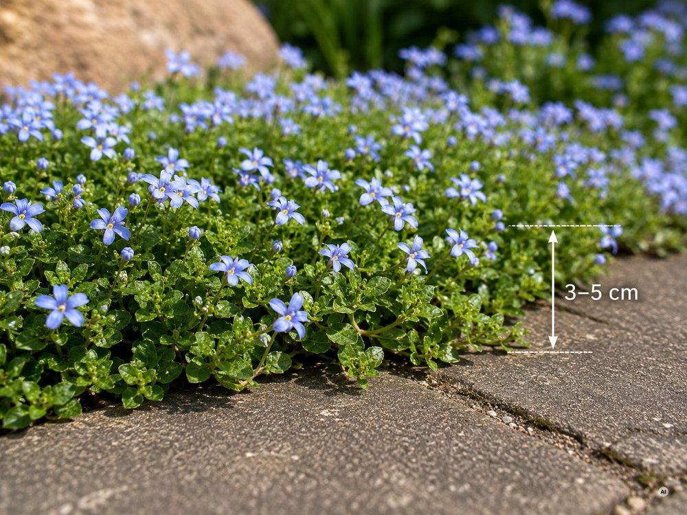 Seitliche Nahaufnahme des flachen Teppichs mit dezenter Höhenangabe „3–5 cm“.