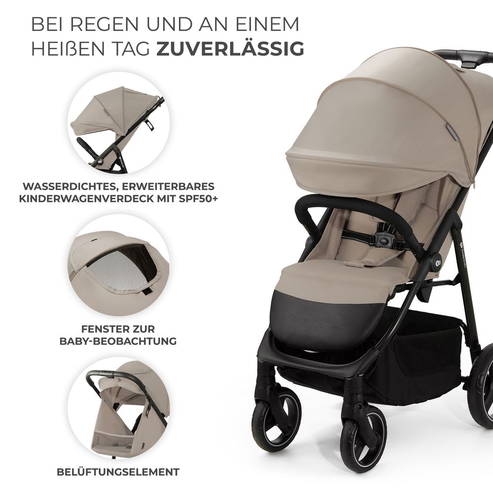 Kinderkraft TRIG 3 - Großer Kinderwagen bis 25 kg - Einhändig faltbar - Verstellbare Rückenlehne - Wasserdichtes Verdeck - Große EVA-Räder - Beige