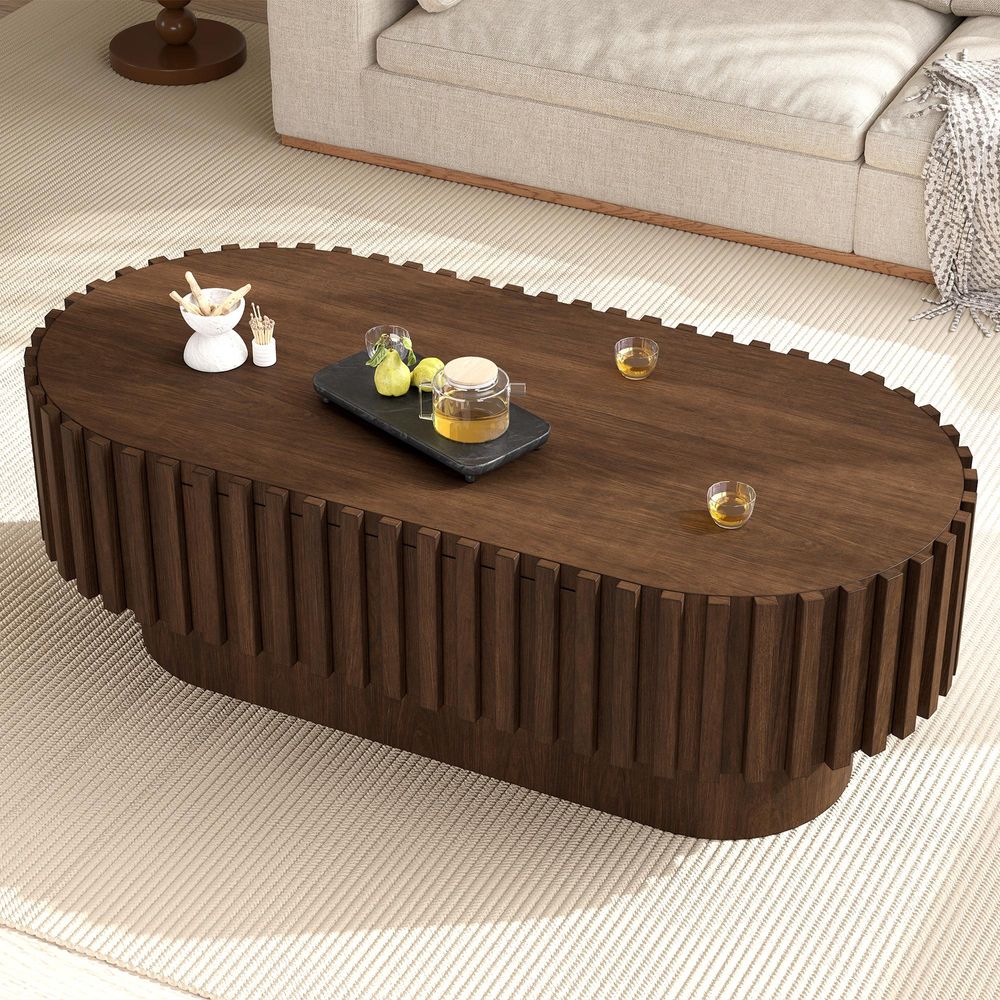 Merax Couchtisch oval mit 1 Schublade, Sofatisch Beistelltisch aus MDF mit Stauraum, Wohnzimmertisch mit vertikalen Streifendekoren, Nussbaum