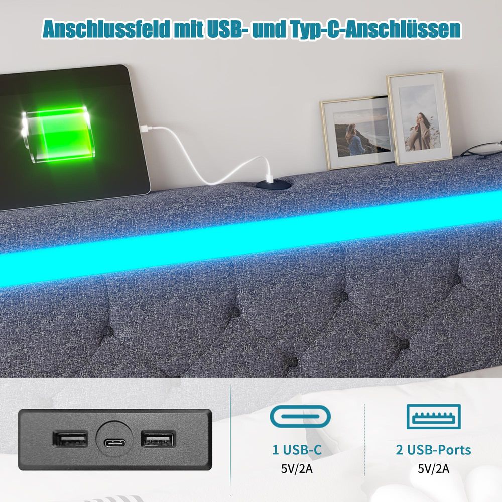 INONEFT Polsterbett 140x200 cm, Modern Boxspringbett mit LED und USB, Jugendbett mit 4 mit Stauraum Schubladen, Ohne Matratze, Leinen Dunkelgrau