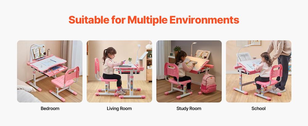 VEVOR Schreibtischset, Kinderschreibtisch und Stuhl, höhenverstellbar (53-71 cm), belastbar (100 kg), geeignet für Schlafzimmer, Pink