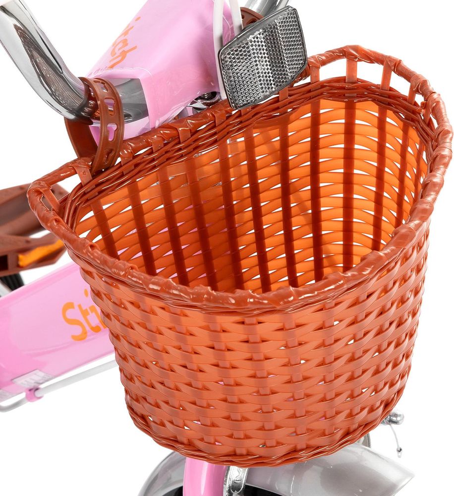 HILAND Stitch 14 Zoll Kinderfahrrad für Mädchen 3 4 5 6 7 Jahre alt mit Vorderkorb, Stützrädern, Schutzblech, Klingel, Rosa