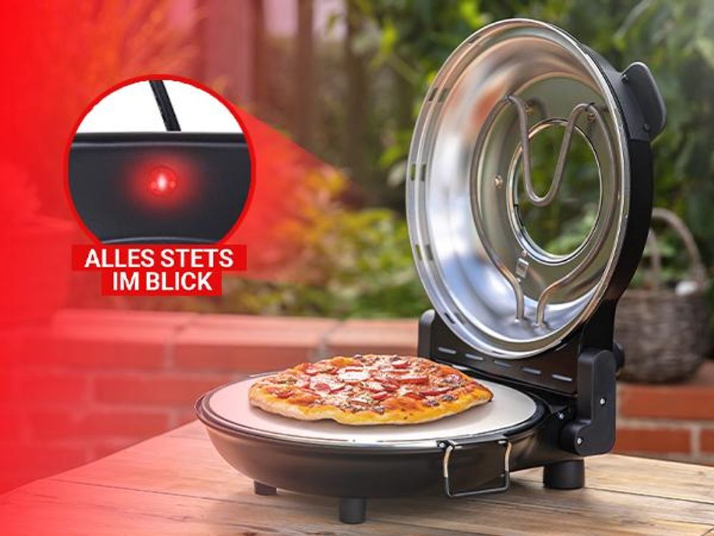 Heidenfeld Pizzaofen Napoli | Mobiler elektrischer Pizza Ofen - Bis 400°C - 1200 Watt - 135 mm großes Sichtfenster - Pizzastein - Timer