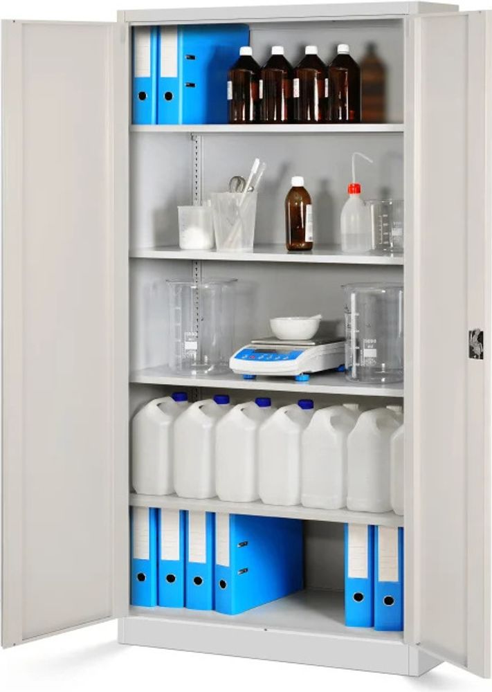 Aktenschrank Büroschrank Metallschrank Stahlschrank Werkzeugschrank Stahlblech Pulverbeschichtet Flügeltürschrank Abschließbar 195 cm x 90 cm x 40 cm Farbe: Weiß/Holzoptik