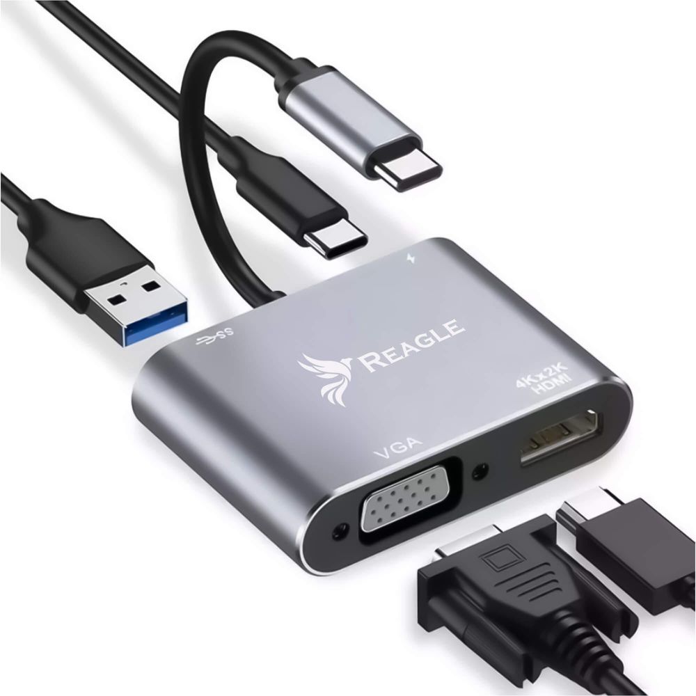 Reagle USB C Adapter Hub 4K HDMI Full HD 1080p VGA PD 100W USB 3.2 Gen 1 Aluminium