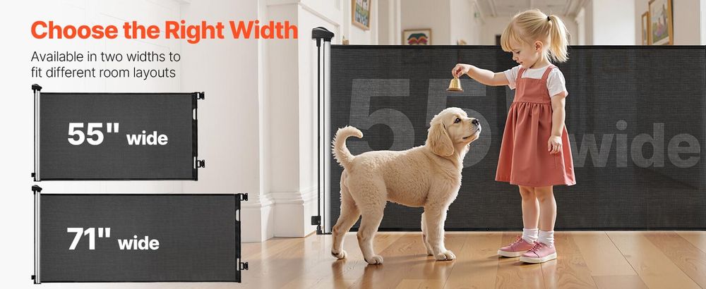 VEVOR Ausziehbares Babygitter, 870 mm hoch, bis zu 1800 mm breit ausziehbar, ausziehbares Gitter für Kinder oder Haustiere, Netzmaterial, einfach zu installieren für Innen Treppen, Türöffnungen, Flure, Spielzimmer, Schwarz, Schwarz-g, 1500x870 mm-a