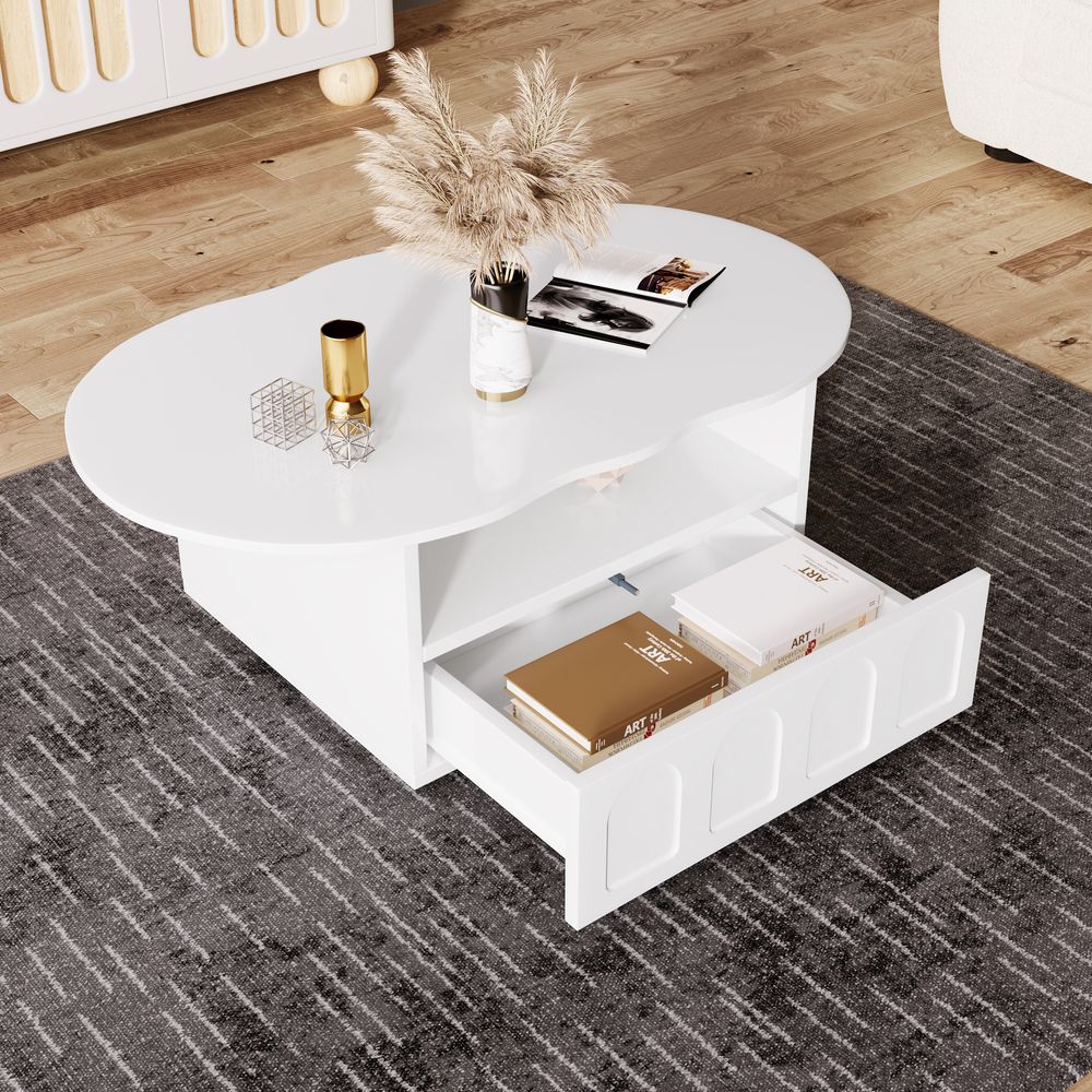 Merax Couchtisch Wolke II mit Schublade, Beistelltisch Scandi, Wohnzimmertisch Kaffetisch, Breite:100cm, Weiß