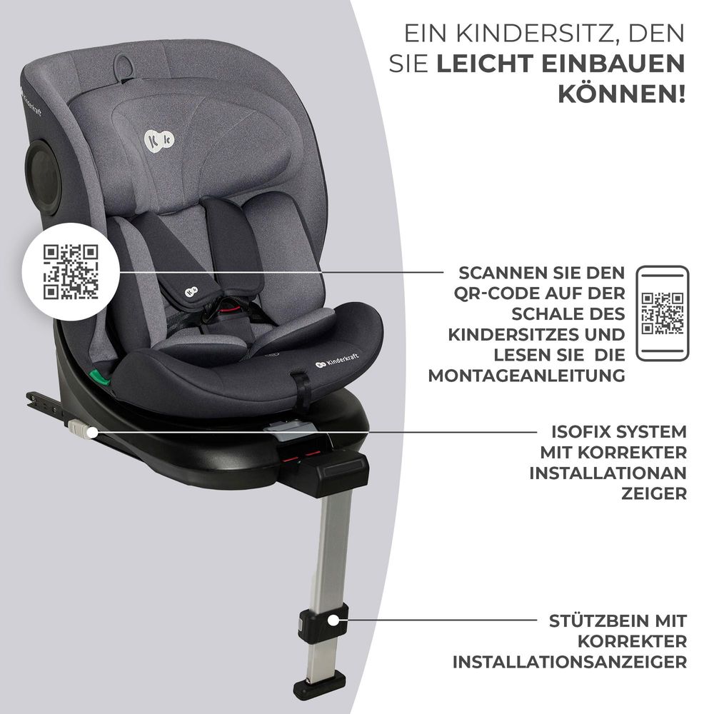 Kinderkraft I-360 i-Size - Kindersitz 40-150 cm - 360° Drehung - RWF/FWF - H-GUARD System - SPS+ - 5-Punkt-Gurt - ISOFIX - Stützbein - Grau