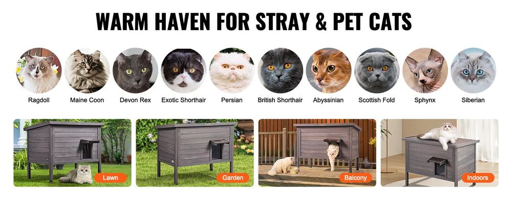 VEVOR Katzenhaus für draußen, wetterfest, Unterschlupf für Wildkatzen für mehrere Katzen, Katzen-/Kaninchenhaus aus Holz für draußen, rundum schaumisoliert, offenes Dach, Türklappen aus PVC, 86,4 cm L x 56,4 cm B x 68,6 cm H