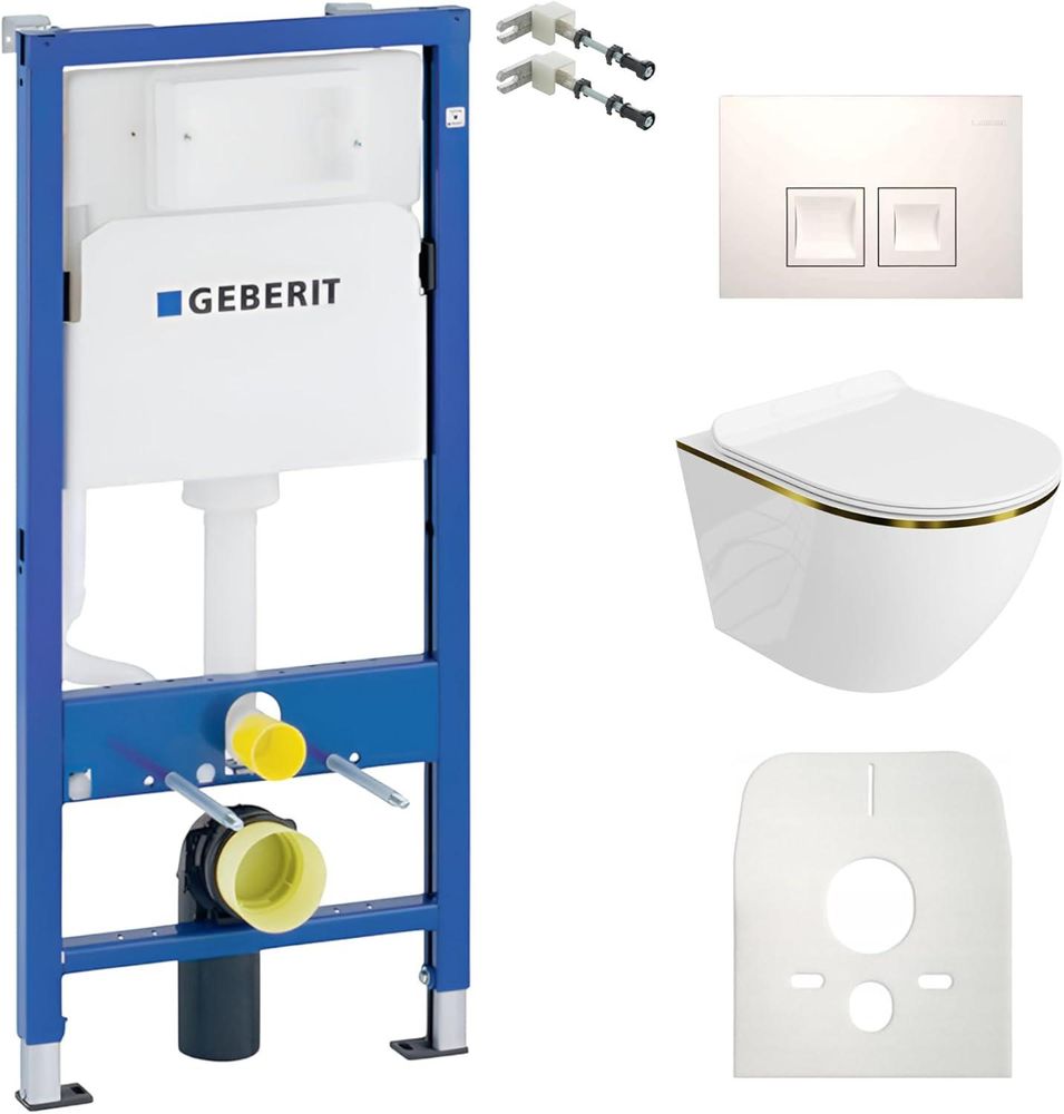 DOMINO Geberit Duofix Basic Vorwandelement + Wand-WC Tiefspül Sofi Slim Becken Gold Line Spülrandlos + Bedienplatte Delta 25 für Doppelspülung | Set