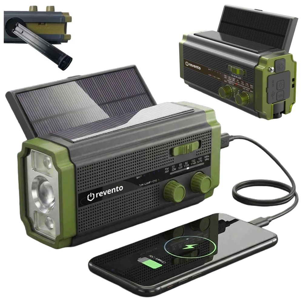 REVENTO® Ratunkowe radio solarne na korbkę, awaryjne radio z lampką LED, powerbank na smartfona 5000 mAh