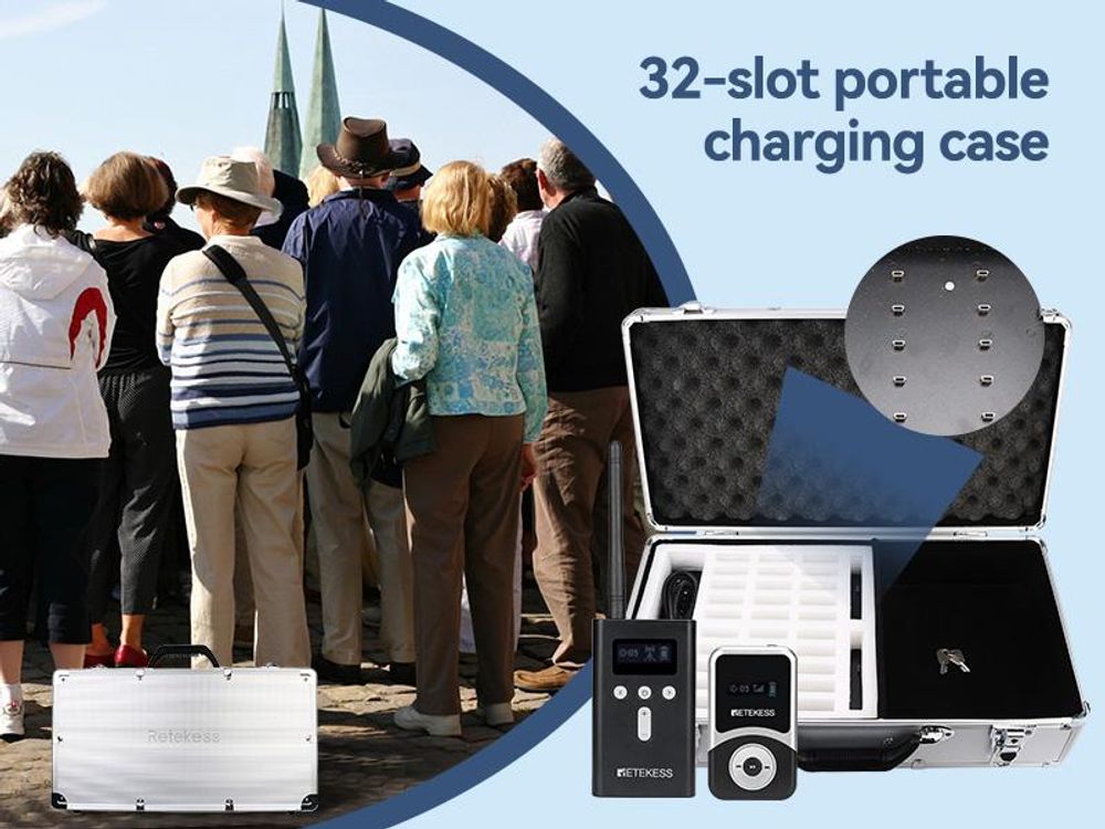 Systém průvodce Retekess T130S, bezdrátový systém průvodce průvodcem, s přenosným nabíjecím boxem s 32 sloty