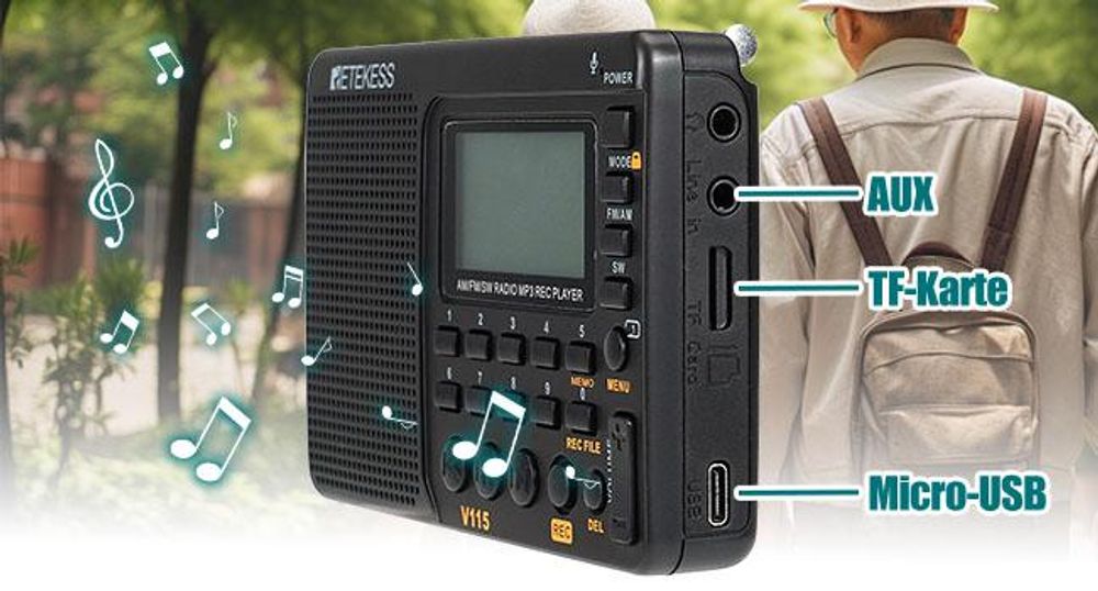 Retekess V115 Tragbares Radio,Radio AM FM SW mit 1000mAh Wiederaufladbare Batterie, 32 GB TF Karte, Weihnachtsgeschenke für die Familie