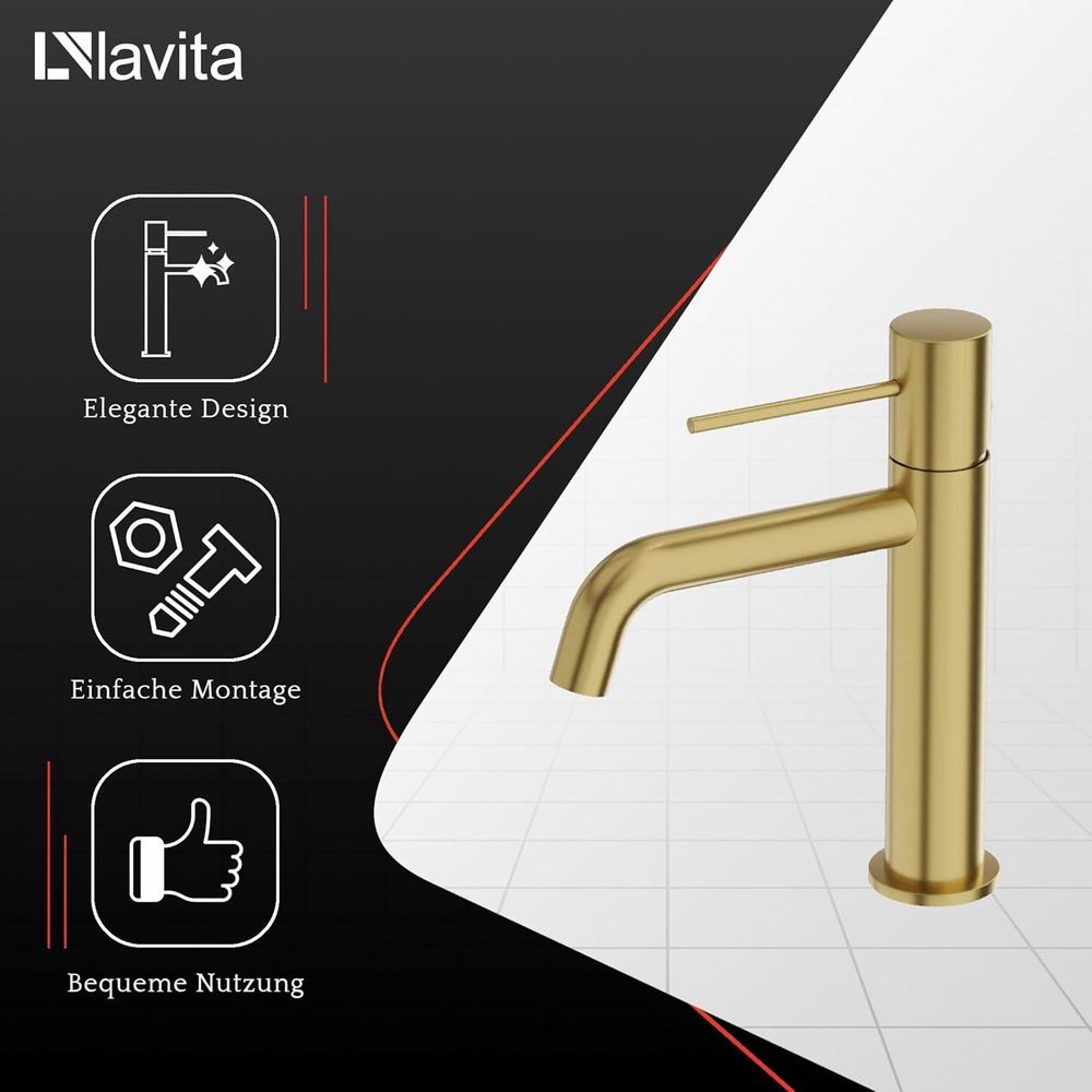 LAVITA Waschtischarmatur  - Orion Brushed Gold | Wasserhahn  | Mischbatterie für Waschbecken | Waschtisch-Armaturen Badezimmer | Einhand-Waschtischbatterie