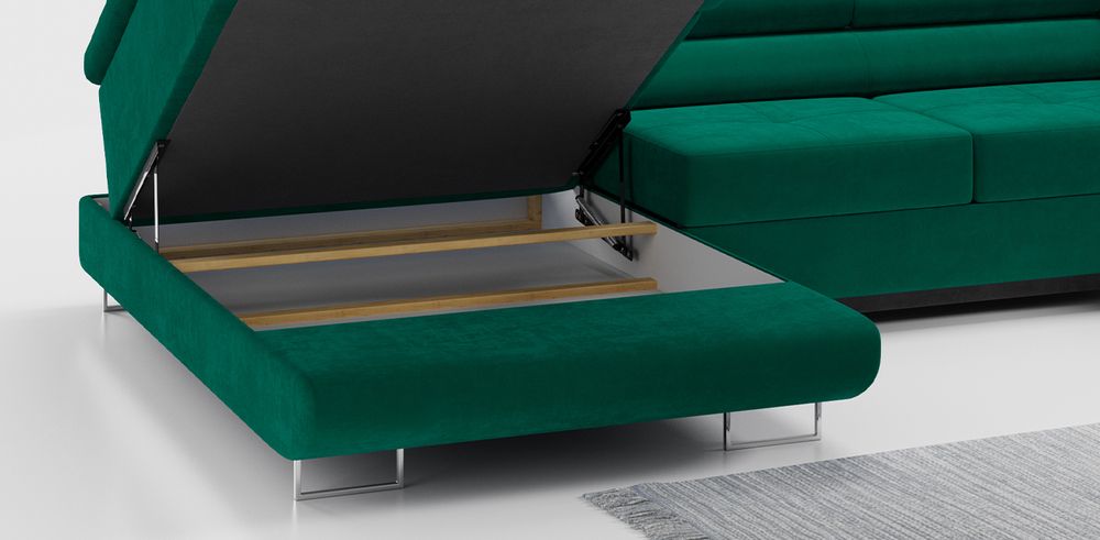 Grün Ecksofa aus velvet Stoff. Foto zeigt Bettkasten