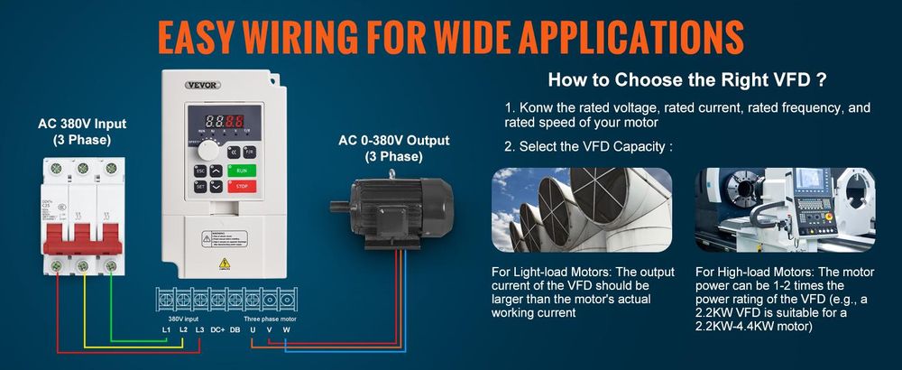 VEVOR VFD 10HP, 7,5KW, 35A, 1 oder 3 Phasen 220V Eingang zu 3 Phasen 220V Ausgang Frequenzumrichter, 40-60Hz Eingang, 0-400Hz Ausgang VFD für Spindelmotor CNC Geschwindigkeitsregelung, 2,2 kW, 380 V