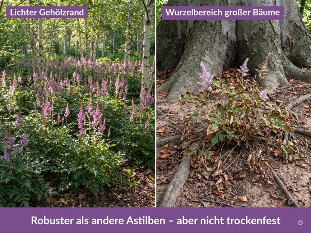 Links lichter Gehölzrand mit frischem Boden, rechts trockener Wurzelbereich unter einem großen Baum