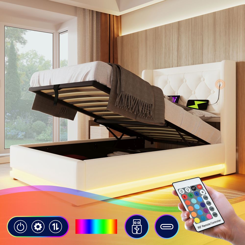 Flieks Polsterbett 90x200cm mit USB & Typ-C, Einzelbett Jugendbett mit LED, Hydraulisches Stauraumbett Boxspringbett mit Lattenrost, Kunstleder, Weiß