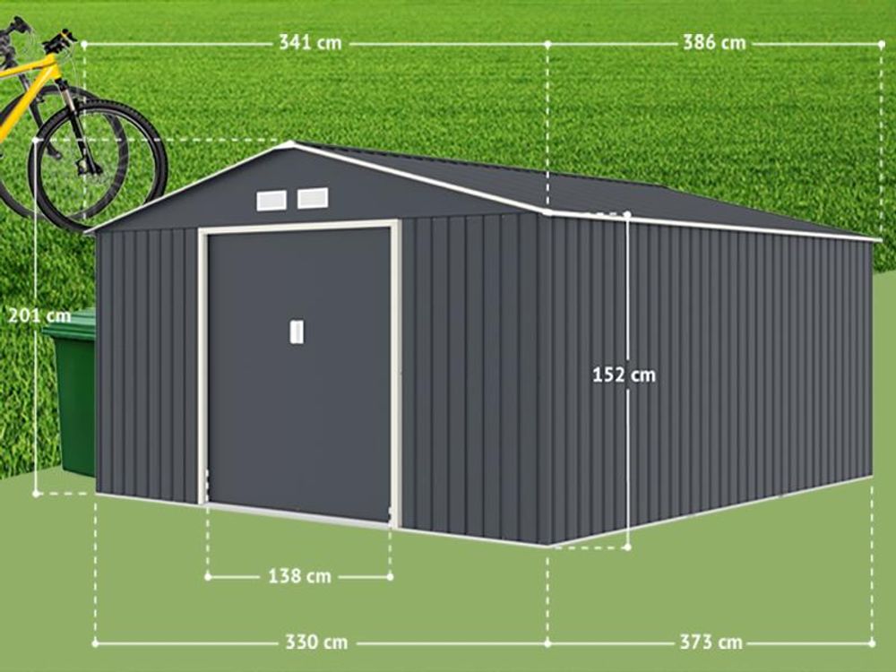 Grafik zu den Abmessungen des S400, im Hintergund Mülltonnen, Fahrräder