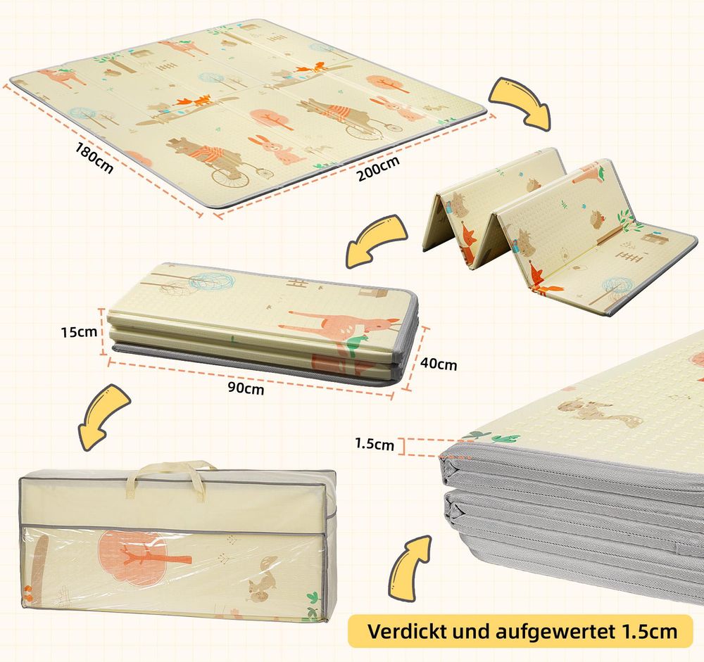 XXL Baby Spielmatte 180x200x1,5cm Extra Dick, Faltbar, Wasserdicht, Rutschfest, Doppelseitigem Muster
