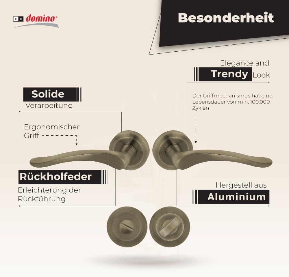 DOMINO Türgriff Drückergarnitur WC - Badezimmer Set | Rund-Rosette | Türbeschlag für Badezimmertüren | Set WC - Rosetten-Garnitur | Türklinke aus Aluminium | Bronze Türdrückergarnitur | BALLEN-R M3