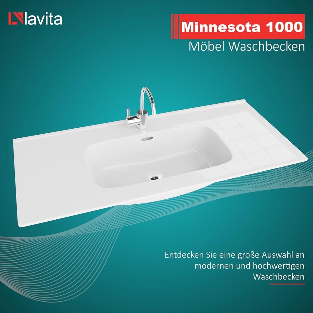 LAVITA Möbelwaschtisch Minnesota 1000 | Möbelwaschbecken | Waschbecken mit Überlauf und Hahnloch | Aus hochwertigem Porzellan | Waschtisch | 101x46,5x17 cm | Weiß Glanz