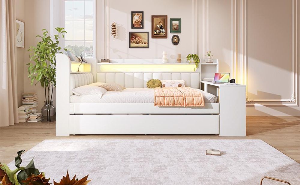 Merax Tagesbett 140x200 mit Ausziehbett 90×190cm, USB-Anschluss, LED, Schreibtisch, Stauraum, Schlafsofa Kinderbett mit Leinenkissen, Weiß