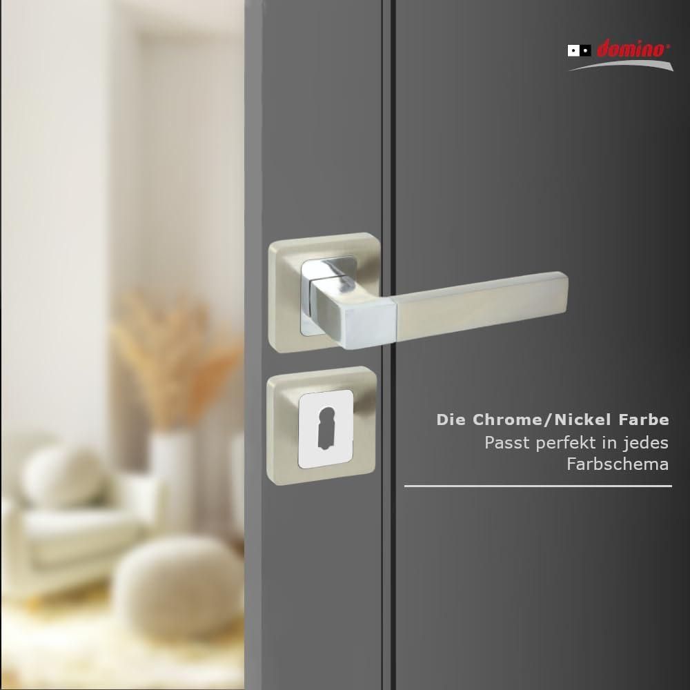 DOMINO Türgriff Drückergarnitur BB-Buntbart Set | quadratische Rosette | Türklinke für Zimmertür, Bürotür, Kellertür & Innentür | Türbeschläge aus Aluminium | Chrom/Nickel |ERIS QR M6/M9