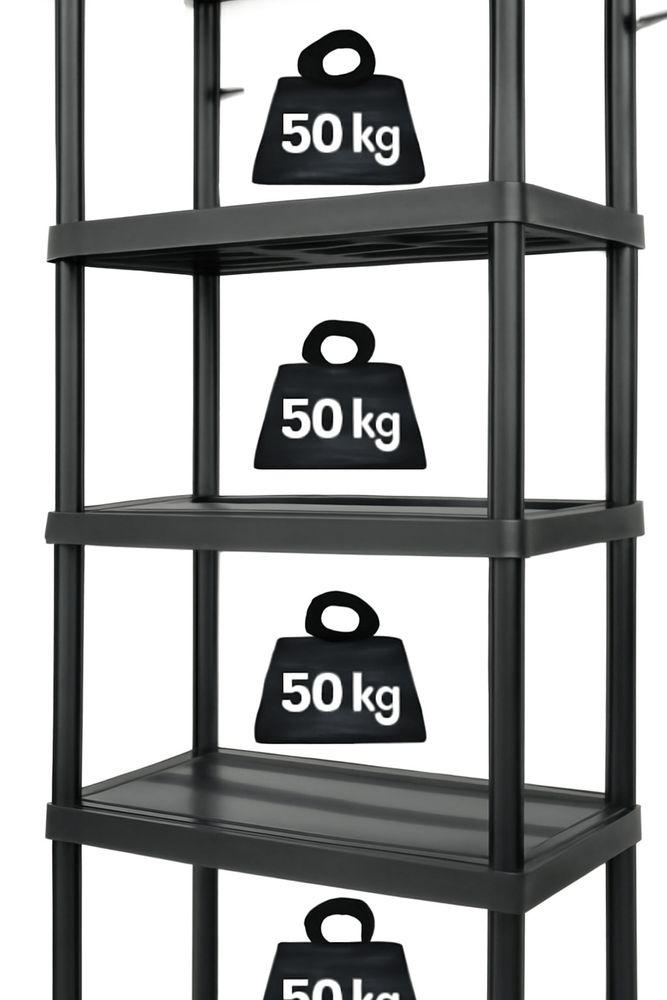 Drabest | Skladové regály - Sklepní regály - Plastový regál 180x74x40 cm - Čierny - Vysoká nosnosť 250 kg - Stabilný a odolný