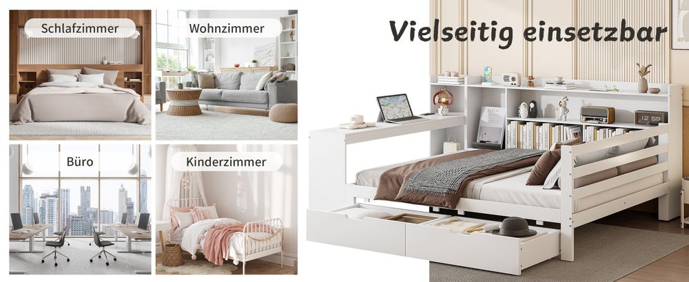 MODFU Schlafsofa Holzbett Kinderbett Jugendbett, 140*200 cm, Mit Schreibtisch Bücherregal Ablagefächern und Regalen, Mit Steckdose, Mit 2  Ablagefächern, Weiß  ohne Matratze