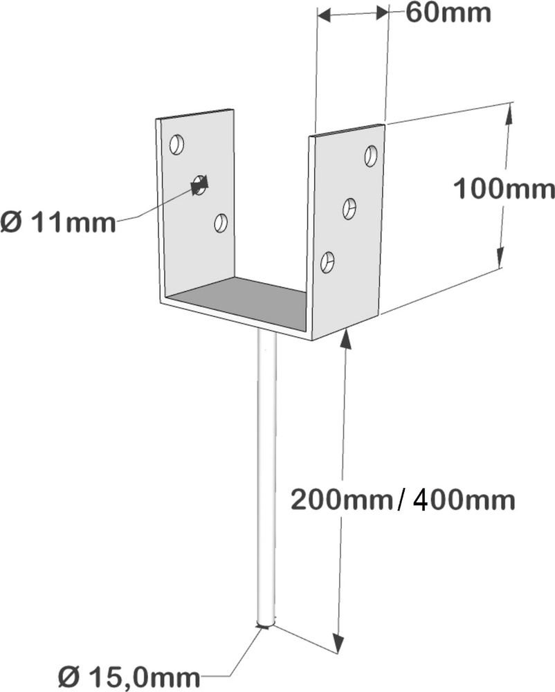 Pfostenträger für Pfosten 140 mm Balkenträger Pfostenschuh U-Gabel mit 200 mm Dolle