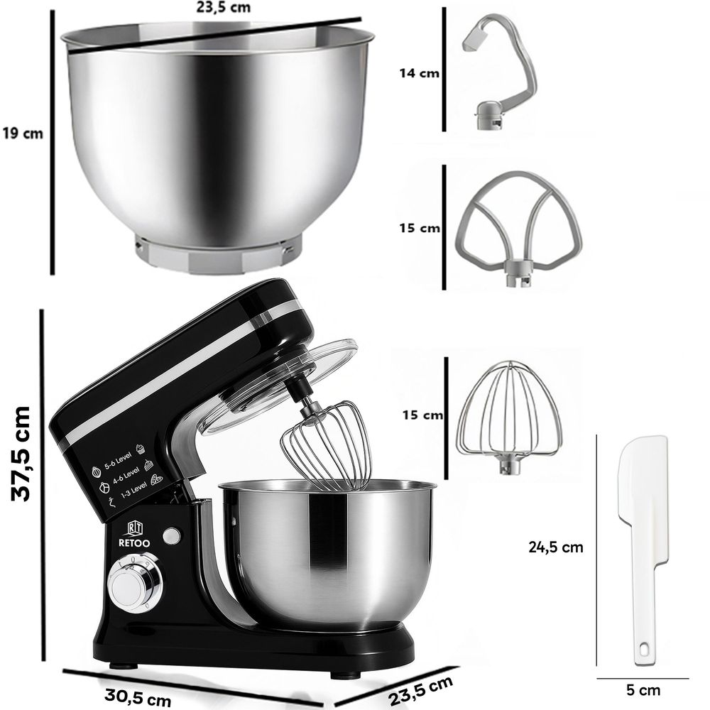 Küchenmaschine 3200W - 6L Edelstahl-Rührschüssel inkl. Rührhaken, Knethaken, Schneebesen und Spritzschutz, 6 Geschwindigkeiten Schwarz, Retoo