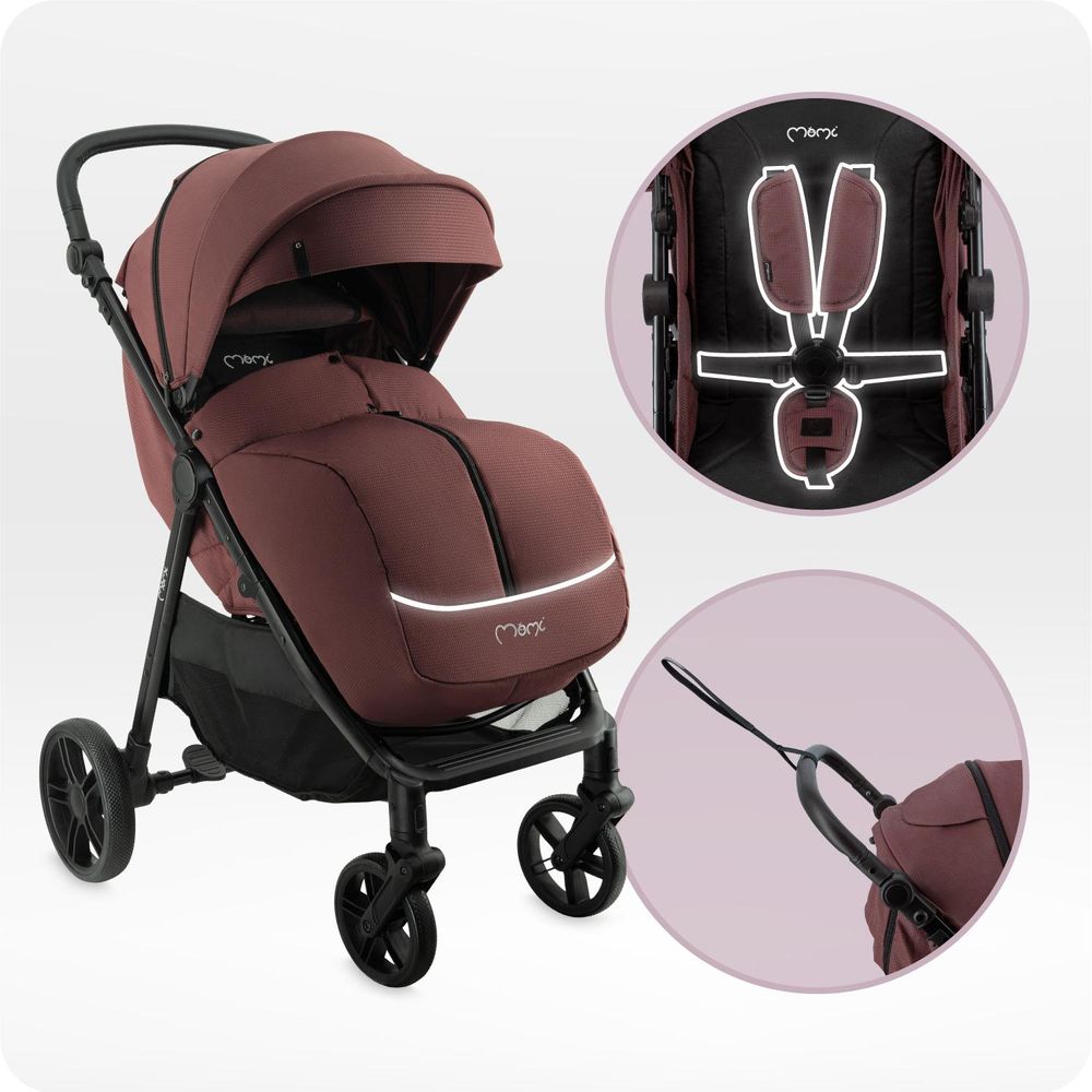 MoMi CLARA – Buggy ab Geburt, bis 22 kg, mit 4-Rad-Federung, Drehbügel & verstellbarem Schiebegriff, inkl. Tasche & Regenschutz – Burgund