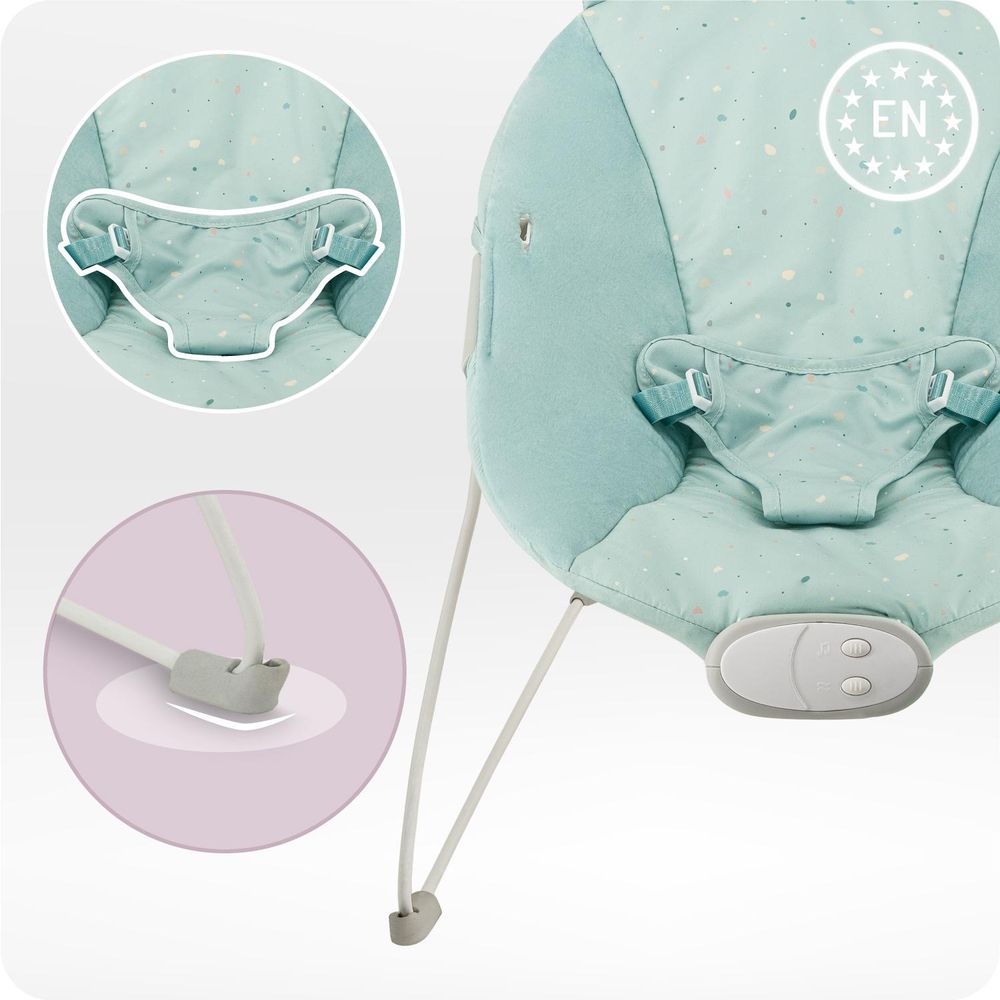 MoMi GLOSSY Babywippe mit 8 Melodien, 3 Vibrationsstufen, Spielzeug-Stirnband – bis 9 kg - MINT