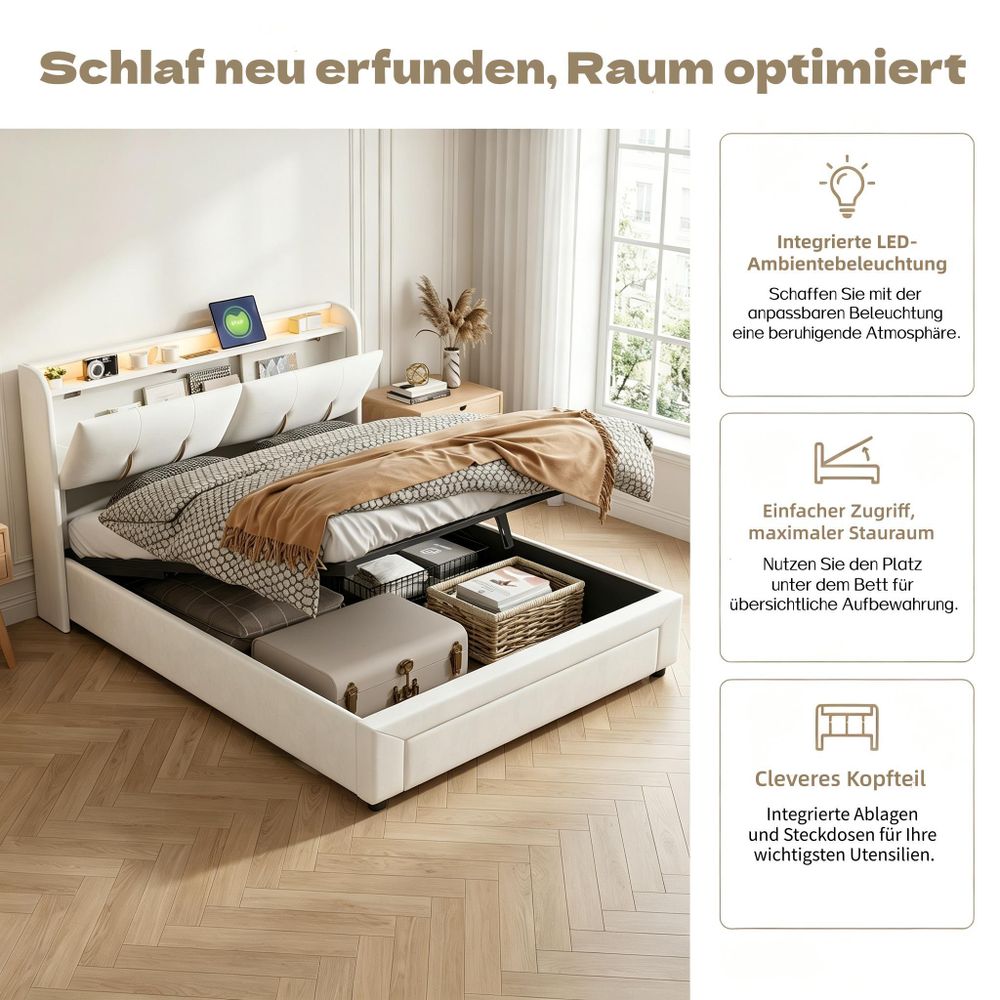 INONEFT Polsterbett 140x200cm mit LED & USB, Hydraulisches Stauraumbett , Samt Doppelbett Stauraumbett Funktionsbett, Beige