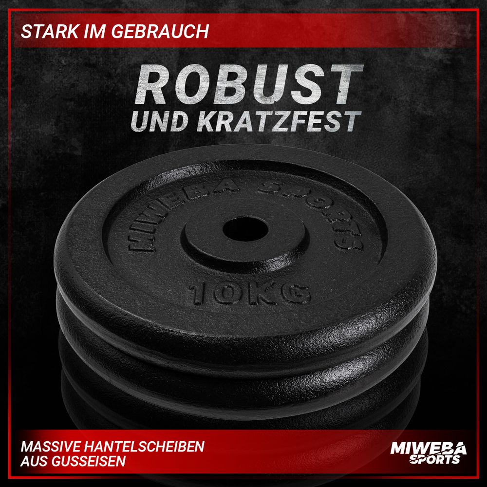 Miweba Sports Hantelscheiben Set | Gusseisen - Hantelgewichte - Gewichtsscheiben - Fitness Scheiben - Gewichte für Hantel - Ø30mm - Schwarz - 2x10 kg