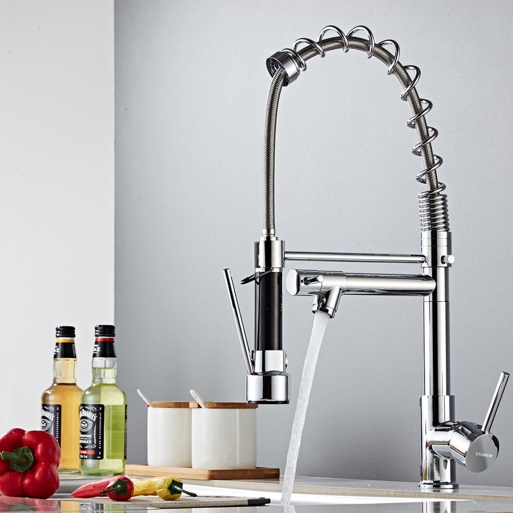 STANEW Wasserhahn Küche, Küchenarmatur, mit 2-Düsen, gebürsteter Messingfederhahn 360° drehbar mit Pull Down Mixer Sprühkopf, mit 2-Ausgängen (Jet und Spray) Sprühkopf Hochdruck, verchromtes Messing
