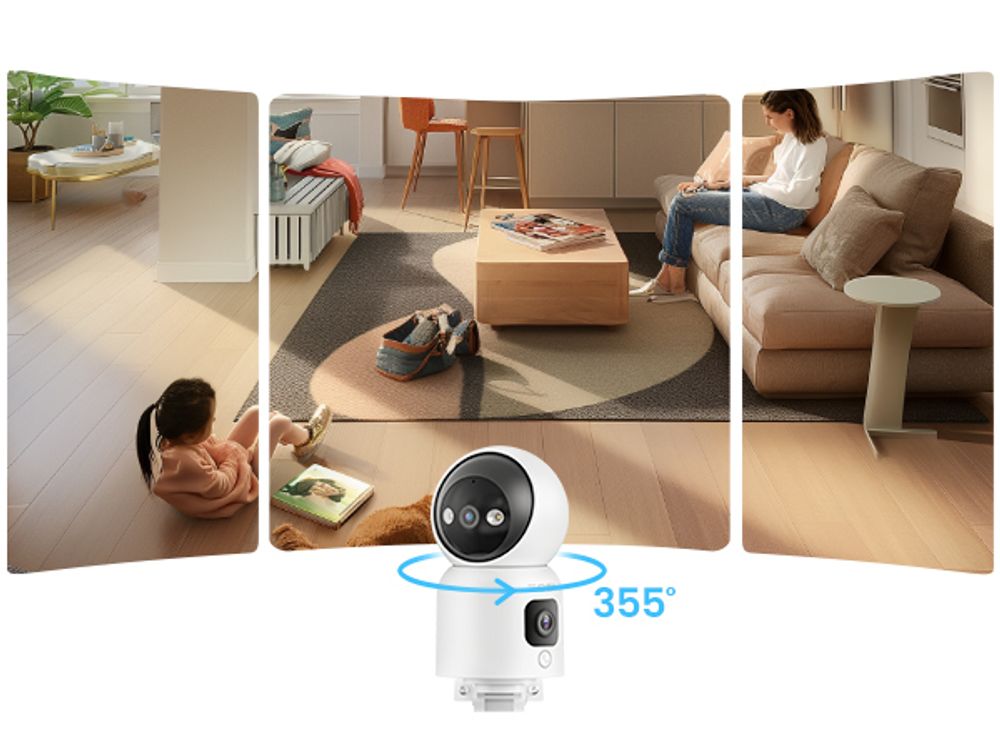 ZOSI Überwachungskamera Innen mit Dual-Linse 3MP+3MP, 2,4/5GHz WLAN, Personenerkennung und Verfolgung, Taste/OK-Geste-Anruf, Farbnachtsicht, C528D