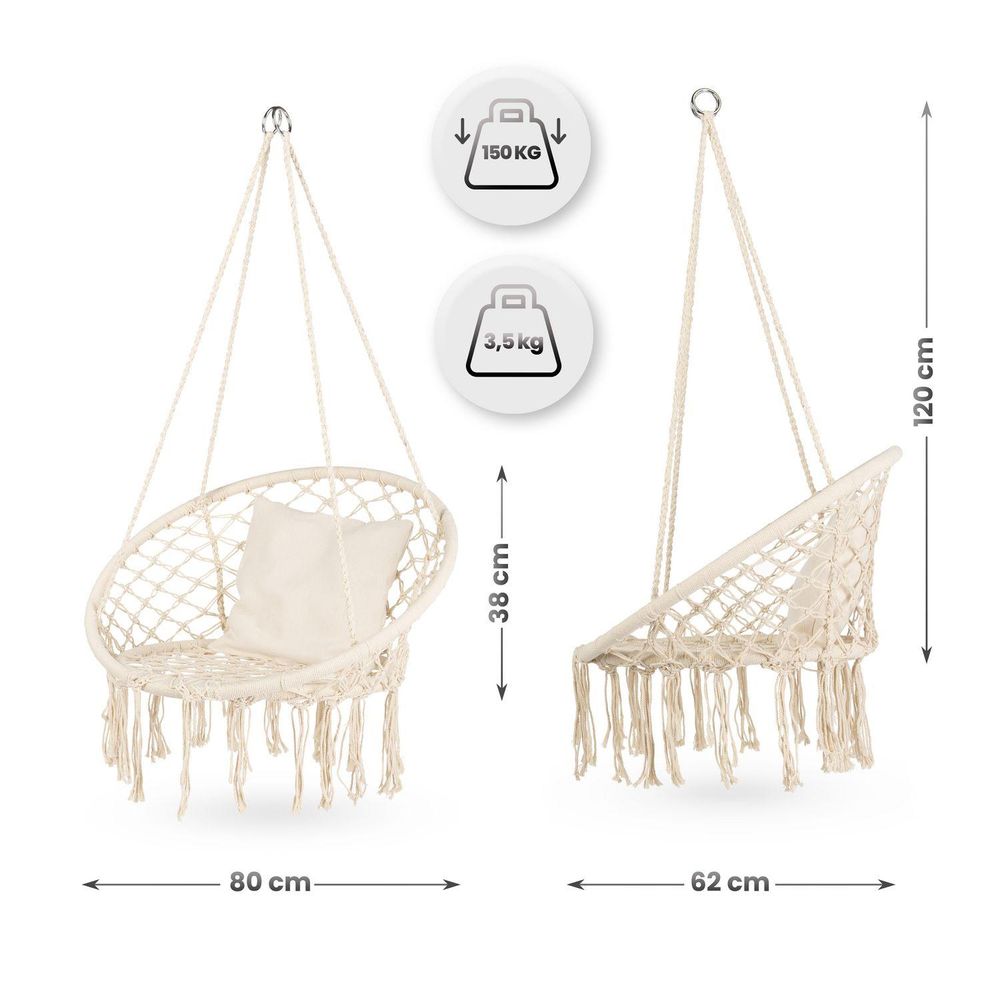 Hängesessel mit Produktmaßen: 120x80x62 cm, Gewicht 3,5 kg, Tragfähigkeit 150 kg