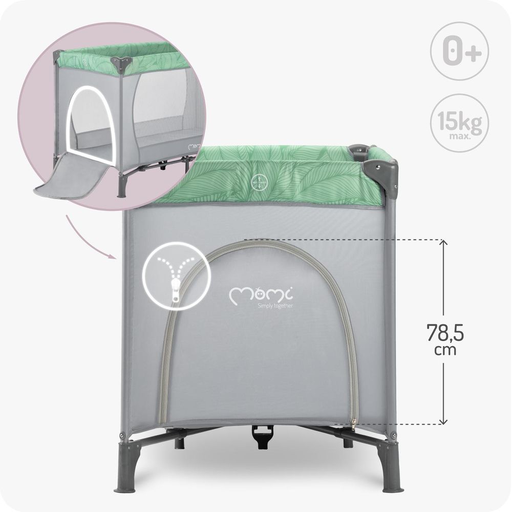 MoMi BELOVE – Baby Reisebett klappbar mit Matratze, Seiteneingang & Rädern, Sicherheitsverriegelung, Tragetasche inklusive – Jadegrün