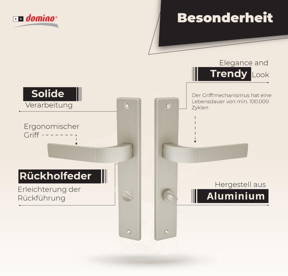 DOMINO Türgriff 78 Drückergarnitur WC - Badezimmer Set | Links & Rechts Türbeschlag für WC/Badezimmertüren | L-Form | Türbeschläge aus Aluminium | Satin Nickel Velvet Türdrückergarnitur |   FOKUS M91